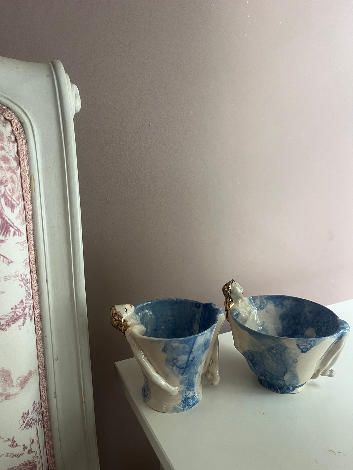 Two Diva tea cup mugs with gold lustre hair details